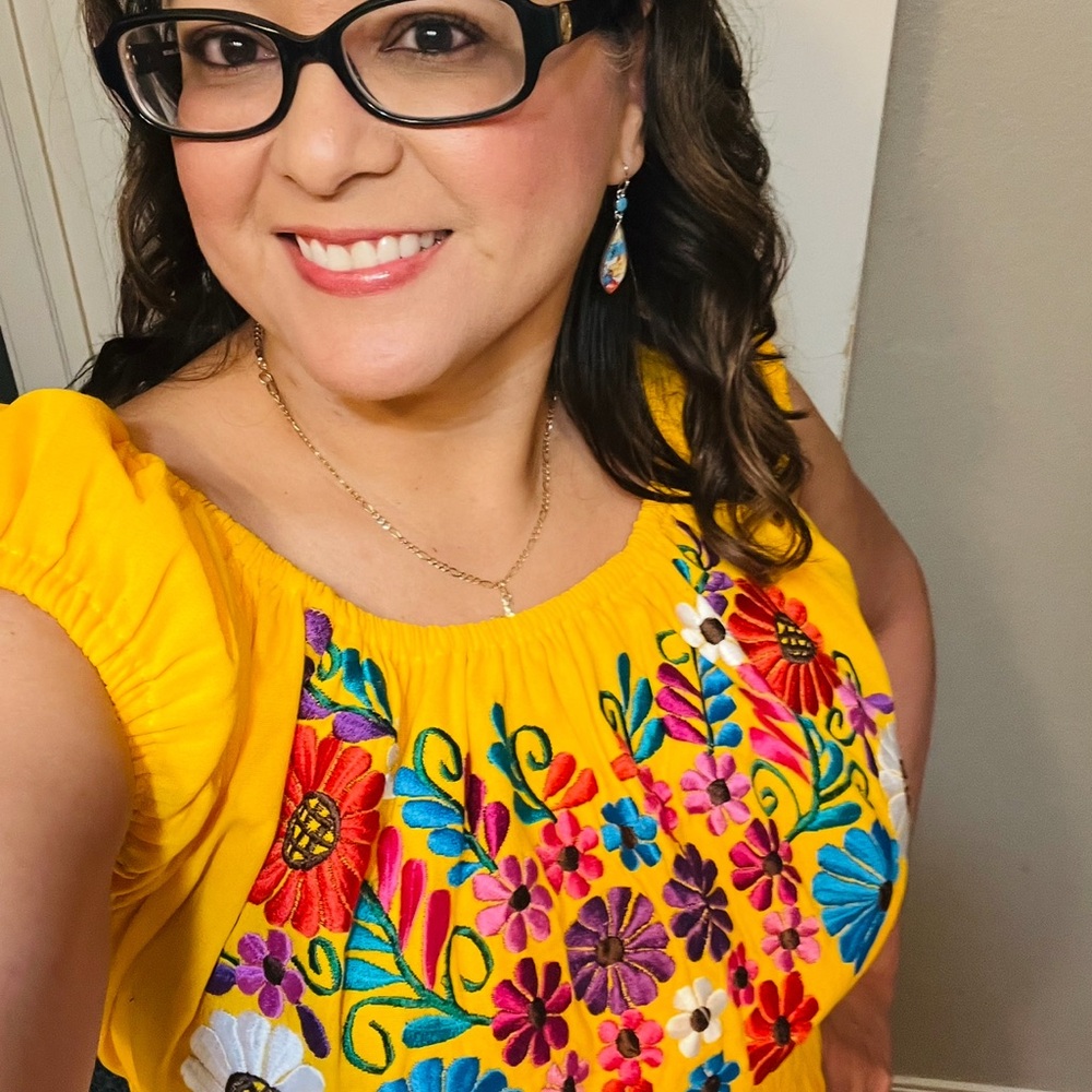 Yellow Mexican theme embroidered flowers Off-Shoulder Puff Sleeve Sundress sz xl - Picture 6 of 11